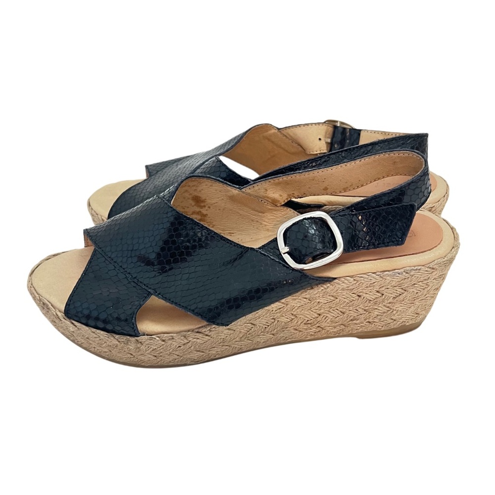 Patricia Green Genuine Leather Black Tan Wedge Espadrilles Sandals 37 7